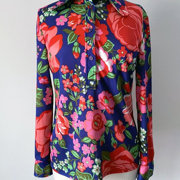 70s Disco Retro Floral Print Button Up Collared Blouse • Size M - Picture 2 of 7